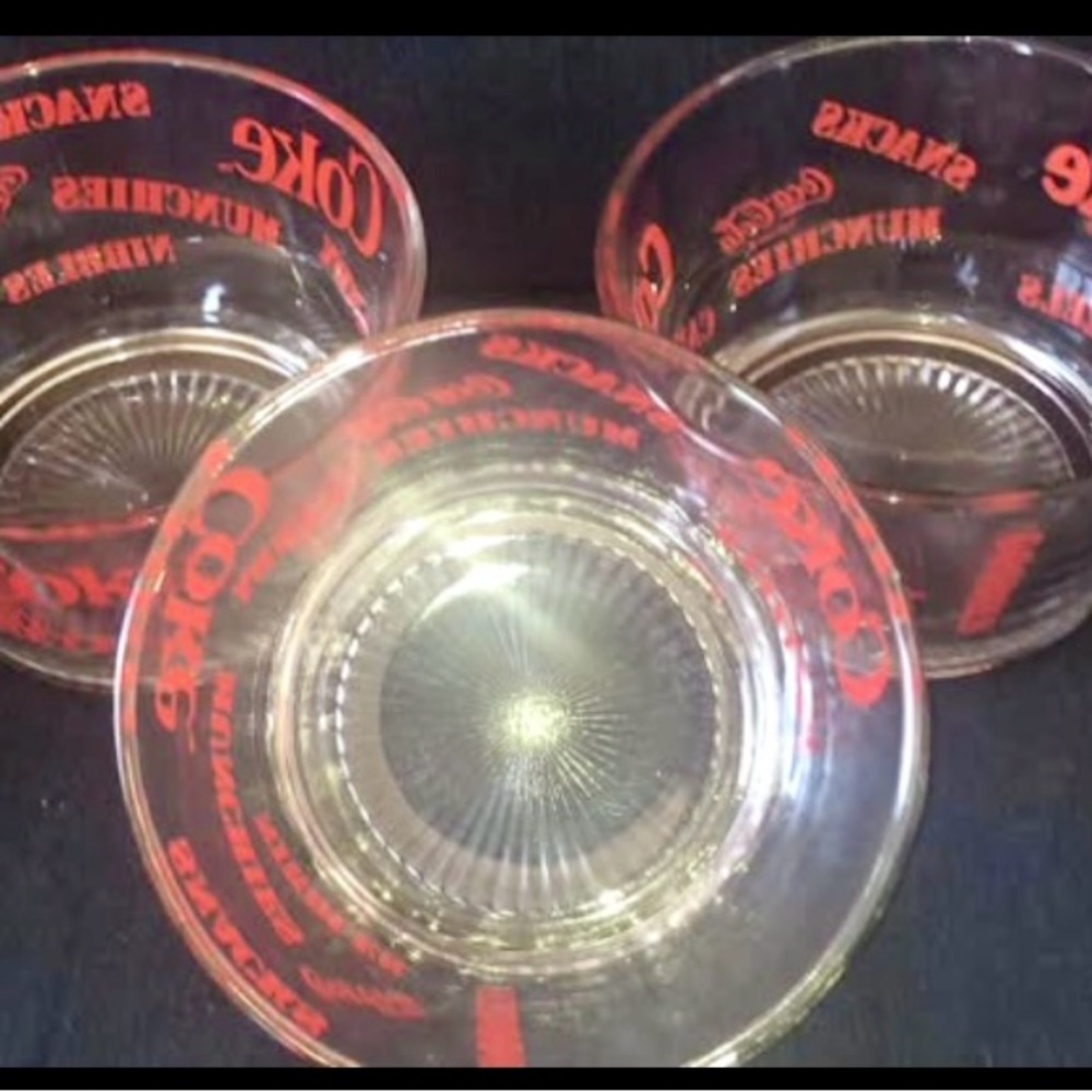 Coca-Cola Glass Bowl w Red Writing that includes Snacks, Munchies, Coke  2 Avail